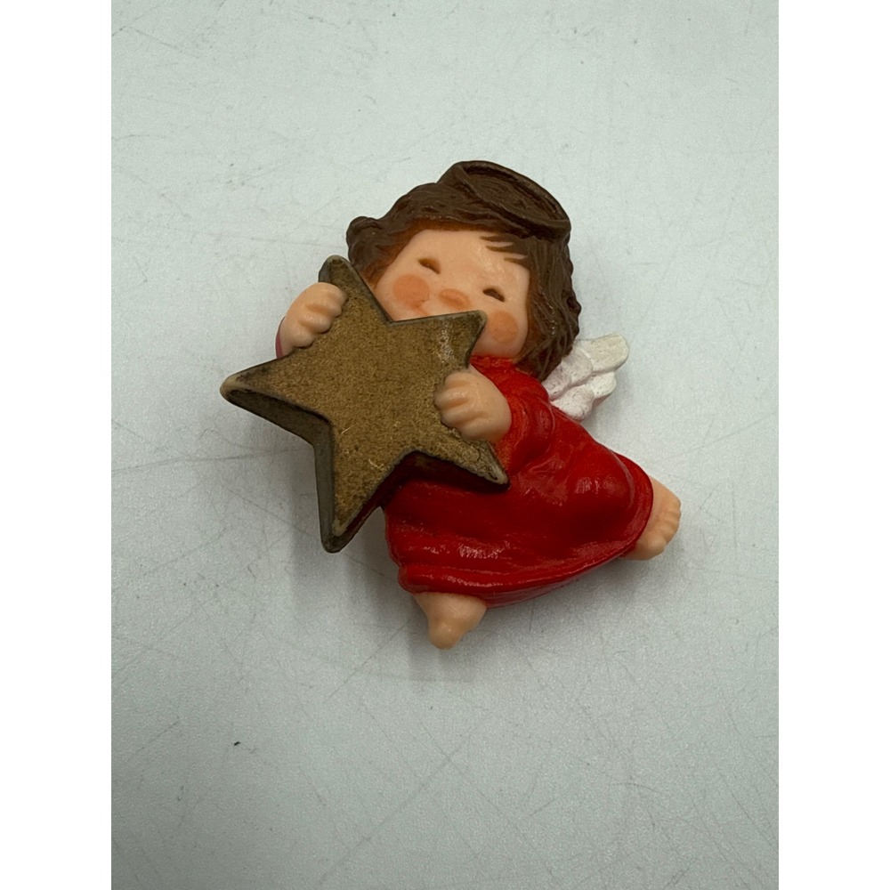 Vintage 1988 Hallmark Angel with Star Pin Brooch Red Christmas Holiday Cherub